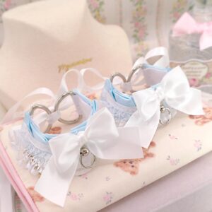 Wrist Cuffs 2 pcs Set, Baby Blue White Lace Bow Kitten Pet Play Gear Bracelet or ankle cuffs , Kawaii Pastel DDLG Alternative Accessories