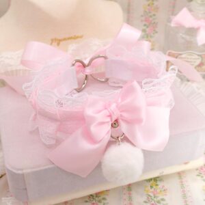 White Fur Ball Pom Pom Choker Necklace ,Kitten Play Collar, White Lace Baby Pink Bow O Ring , DDLG Cosplay Adult Play Gear Kawaii