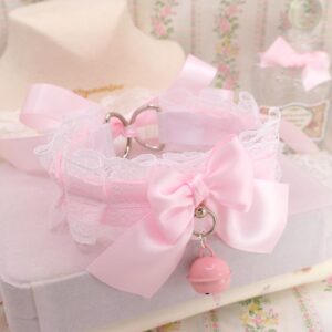 Pink Bell Choker Necklace ,Kitten Play Collar, White Lace Baby Pink Bow O Ring , DDLG Cosplay Adult Play Gear Kawaii
