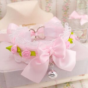 Little Rose Flower Choker Necklace ,Kitten Play Collar, White Lace Baby Pink Bow O Ring Bell , DDLG Cosplay Adult Play Gear Fairy Core