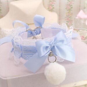 White Fur Ball Pom Pom Choker Necklace ,Kitten Play Collar, White Lace Light Blue Bow O Ring , DDLG Cosplay Adult Play Gear Kawaii