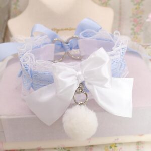 White Fur Ball Pom Pom Bow Choker Necklace ,Kitten Play Collar, White Lace Light Blue O Ring , DDLG Cosplay Adult Play Gear Kawaii Pastel