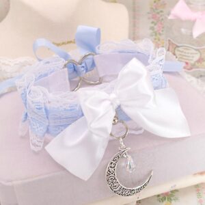 Crescent Moon With Crystal Pendant Bow Choker Necklace ,Kitten Play Collar, White Lace Light Blue , Whimsygoth Cosplay Adult Play Gear
