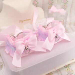 Wrist Cuffs 2 pcs Set, Lilac Purple Lace Ruffles baby Pink Bow Kitten Pet Play Gear Bracelet or ankle cuffs , Pastel DDLG Alternative
