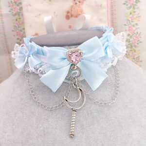 Crescent Moon Magic Wand Baby blue satin choker necklace, kitten play collar , white lace bow Rhinestone heart with chain, Whimsygoth
