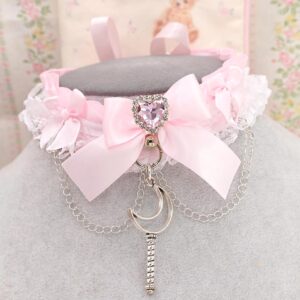 Crescent Moon Magic Wand Baby Pink satin choker necklace, kitten play collar , white lace bow Rhinestone heart with chain, Whimsygoth