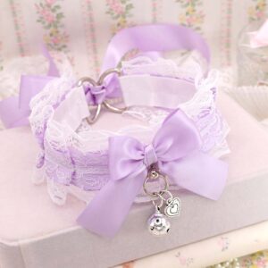 Lilac Purple White Lace Choker Necklace Kitten Play Collar , Bow heart pendant bell , Pastel Soft Girl Cosplay DDLG alternative jewelry