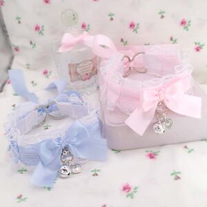 1 pc Baby Pink or Blue , White Lace Kitten Play Collar Choker Necklace , Bow with a bell and heart pendant , Pastel Soft Girl Core