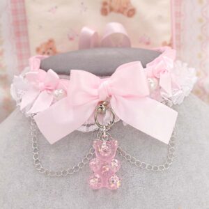 Gummy Bear kitten play collar , Heart Pearl Baby Pink Bow White Lace choker necklace , chain satin tie closure , Kidcore Kawaii Alternative