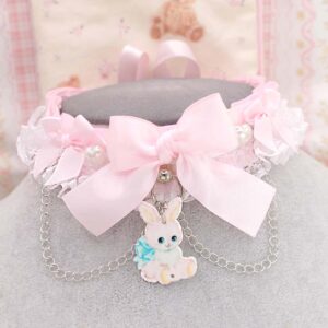 Bunny Rabbit kitten play collar , Heart Pearl Baby Pink Bow White Lace choker necklace , chain satin tie closure , Kidcore Kawaii