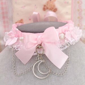 Crescent Moon kitten play collar , Heart Pearl Baby Pink Bow White Lace choker necklace , chain satin tie closure , Whimsygoth Kawaii