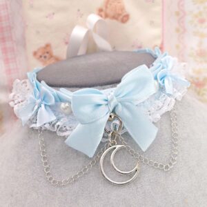 Crescent moon baby blue kitten play collar choker necklace , white lace ruffles heart shape pearl bow chain , pastel whimsygoth