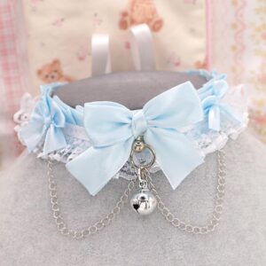 Baby blue satin choker necklace, kitten play collar, white lace ruffles bow chain with a bell , kawaii pastel alternative accessories