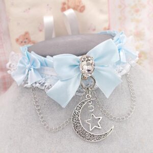 Crescent Moon Star pendant Bling Rhinestone Baby blue satin kitten play collar ,choker necklace ,white lace ruffles bow chain, whimsygoth