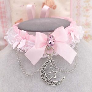 Crescent Moon Star pendant Bling Rhinestone Baby Pink satin kitten play collar ,choker necklace ,white lace ruffles bow chain, whimsygoth
