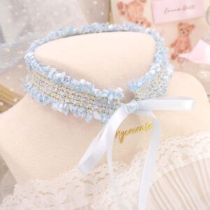 Rococo Baby Blue Fringe Lace with Golden Thread Collar Choker Necklace , ribbon tie closure , Princess soft girl core accessories