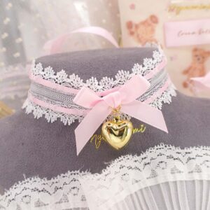 Coquette Gold Heart Pendant White Lace Collar Choker Necklace , Baby Pink Ribbon Tie Closure , Princess core romantic soft girl jewelry