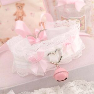 Heart Angelic white lace choker necklace kitten play collar , with baby pink bow and bell , kawaii pastel soft girl core