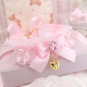 Dreamy romantic gold heart baby pink choker necklace , kitten pet play collar , white lace ruffles rhinestone bling pearl bow, Luxury