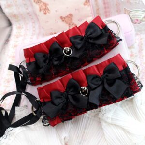 Width 2.5" Set of 2 Cuffs , Bracelet Wrist or Ankle Cuffs ,Wide Burgundy Red Black Lace Ruffles bow Kitten Play Gear ,goth vampire core
