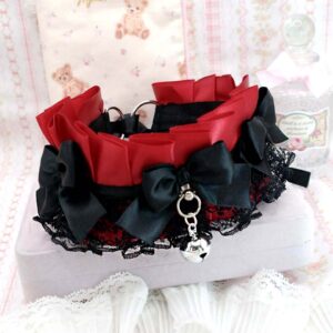 Width 2.5" Burgundy Red Choker Necklace Wide Kitten Play Collar , Black Lace Ruffles and Bows Bell, Cute Goth Vampire Core