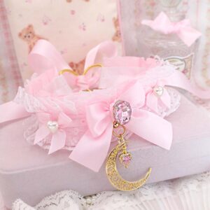Dreamy gold crescent moon baby pink choker necklace , kitten pet play collar , white lace ruffles rhinestone bling pearl bow, Fairy Core