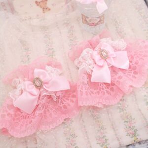 Set of 2 Coquette Baby Pink White Lace Double Layer Lolita Wrist Cuffs Gloves Lace Sleeves , Bow with Bling Rhinestone Wrist bracelet Accessories