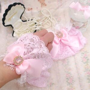 Set of 2 Coquette Baby Pink White Lace Lolita Wrist Cuffs Gloves Lace Sleeves , Bow with Bling Rhinestone Wrist bracelet Princess Core