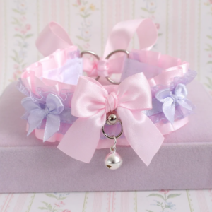 Baby pink satin choker necklace , kitten pet play collar , lilac purple lace ruffles bow bell , soft pastel color cute kawaii fashion