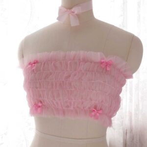 Coquette Romantic Baby Pink Bow Tulle Tube Top Crop Top Off shoulder Mesh top Lingerie ,Kawaii Clothes Handmade