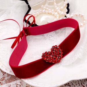 Sweet Valentine Rhinestone Red Heart Burgundy Red Velvet Choker Necklace Satin tie bow closure, Date Night Collar, fairy core