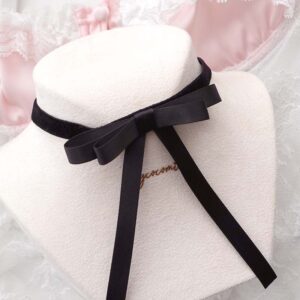 Coquette Elegance Black Velvet and Satin Ribbon Long bow choker necklace , Bow Choker , goth princess core handmade jewelry