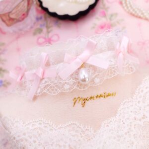 Coquette Baby Pink Bow Faux Pearl Pendant White Lace Ruffles Choker Necklace , Fairy Soft Girl Core kawaii princess day collar