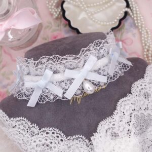 Coquette Baby Blue Bow Faux Pearl Pendant White Lace Ruffles Choker Necklace , Fairy Soft Girl Core kawaii princess day collar