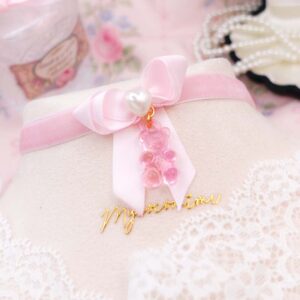 Kawaii Gummy Beart Coquette Baby Pink Velvet Choker Necklace Ribbon Bow Peal Heart , Kid Core Cute Jewelry , Soft Girl Style , Gift for her