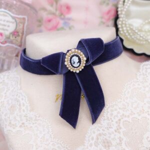 Victorian Lady Head Cameo Navy blue velvet Bow choker necklace , Glam Regency Rococo Velvet collar jewelry