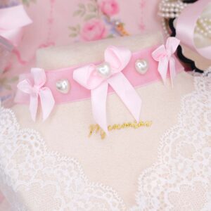 Coquette Baby Pink Velvet Pearl Heart Ribbon Bow Choker Necklace , Handmade cute princess soft girl jewelry