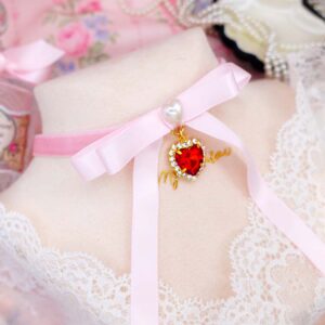 Coquette Baby Pink Velvet Satin Ribbon bow choker necklace Red Heart Rhinestone Pendant, princess core Soft Girl Style handmade jewellry