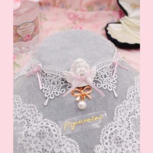 Rococo style cherub angel white lace choker necklace baby pink little bow faux pearl , princess victorian angelic core jewelry