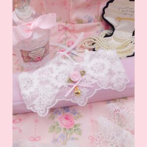 Coquette Angelic Pink Flower 6cm Wide White Lace Choker Necklace Little Bow and Gold Heart, Satin tie bow closure, fairy core jewelry