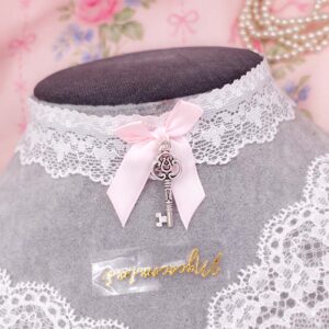White Lace Key Charm Choker Necklace, Baby Pink Bow, Coquette Fairy Core Style