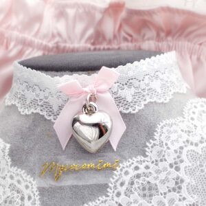 White Lace Silver Heart Pendant Charm Choker Necklace, Baby Pink Bow, Coquette Fairy Core Style Jewelry
