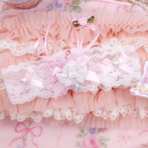Angelic Cupid Baby White Lace Choker Necklace Collar , Baby Pink Bow , Tie Closure , Faux Pearl Pendant Heart , Fairy Core Rococo Style