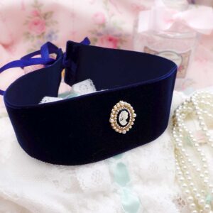 Navy Blue Wide Velvet Choker Necklace Collar , Regency Victorian Cameo charm, Tie Closure , Bridgerton Style