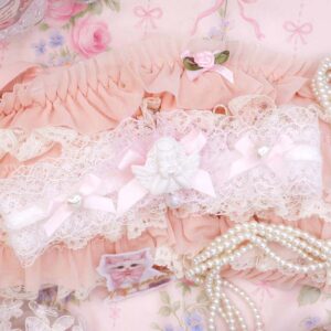 Coquette Angelic Cupid Charm White Lace Ruffles Choker Necklace, Baby Pink Bow Faux Pearl Heart, Fairy Soft Girl Core day collar