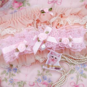 Coquette Fairy Core Flowers Baby Pink Lace Ruffles Choker Necklace, Bow Faux Pearl Charm , Soft Girl day collar