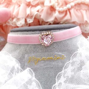 Victorian Style Heart Rhinestone Baby Pink Velvet Choker Necklace , Skinny Collar, Regency Elegance Princess Core Jewellery