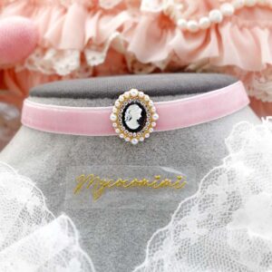 Victorian Style Cameo Baby Pink Velvet Choker Necklace , Skinny Velvet Choker , Regency Coquette Fairy Core Jewellery