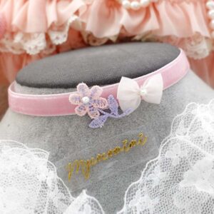 Flower Embroidery Baby Pink Velvet Choker Necklace, Tiny Bow with faux pearl, Coquette Fairy Core Jewellery
