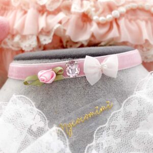 Little Flower Bow Baby Pink Velvet Choker Necklace with rhinestone, Coquette Dainty Fairy Core Jewellery